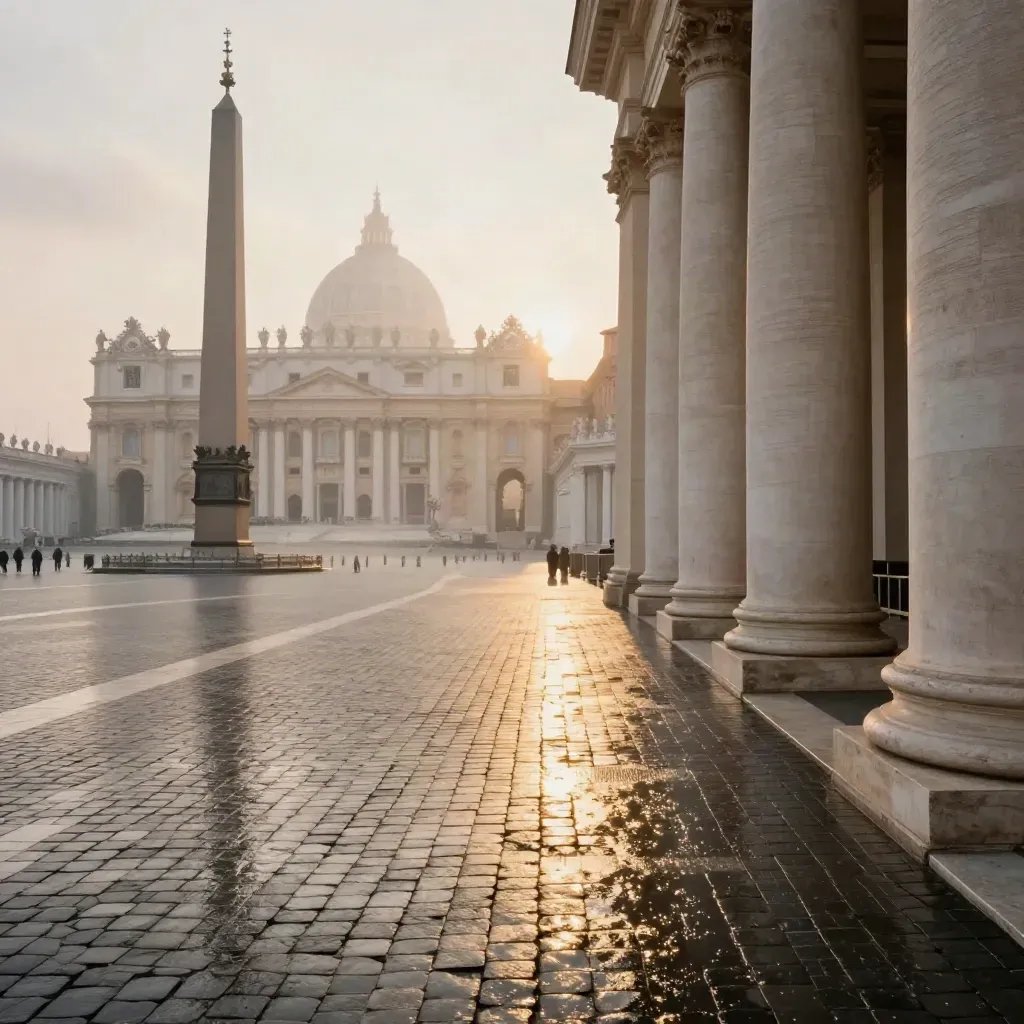 Piazza San Pietro all’alba dopo la pioggia, con obelisco e colonnato lucido.