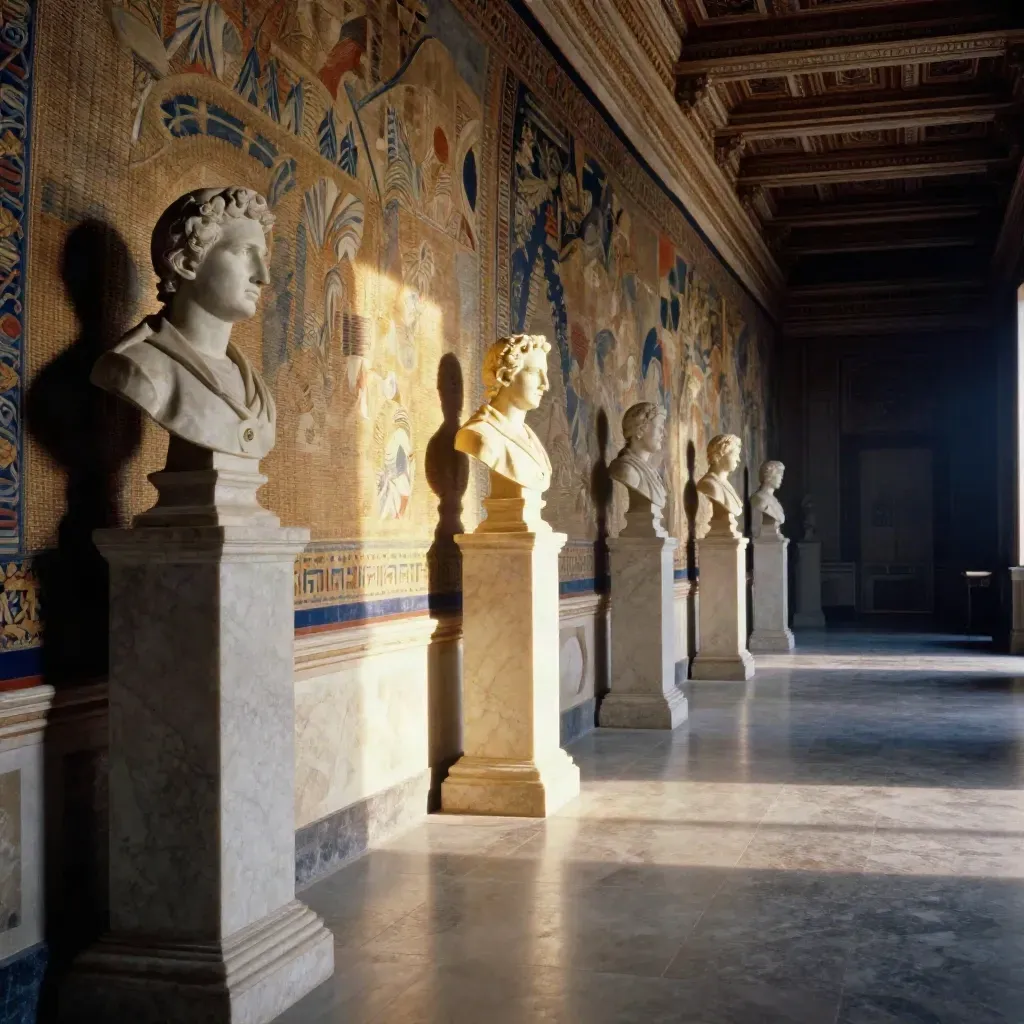 La Galleria degli Arazzi quasi vuota, con busti marmorei e luce radente sui tessuti.