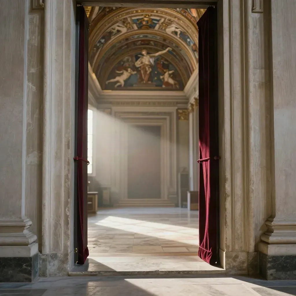 Ingresso della Cappella Sistina con soglia in ombra e soffitto affrescato verso l’alto