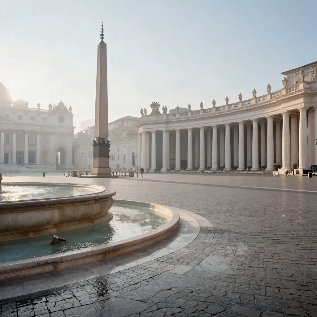 Piazza San Pietro all’alba con obelisco, fontana e colonnato nella foschia