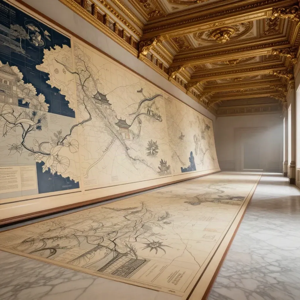 Galleria delle Carte del Vaticano, prospettiva lunga con soffitto dorato e mappe antiche.