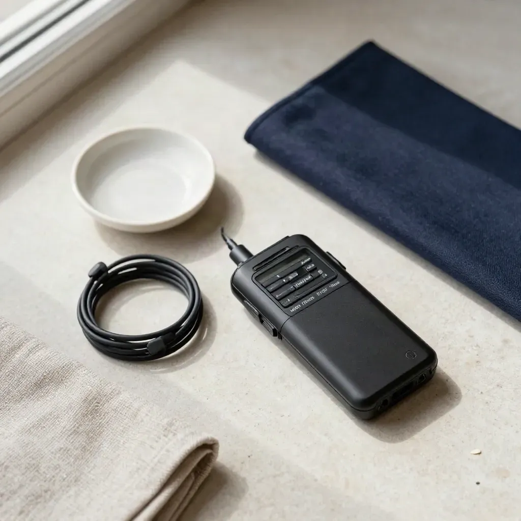 Ricevitore audio guida nero con auricolari, piattino in ceramica e lino piegato su pietra chiara.